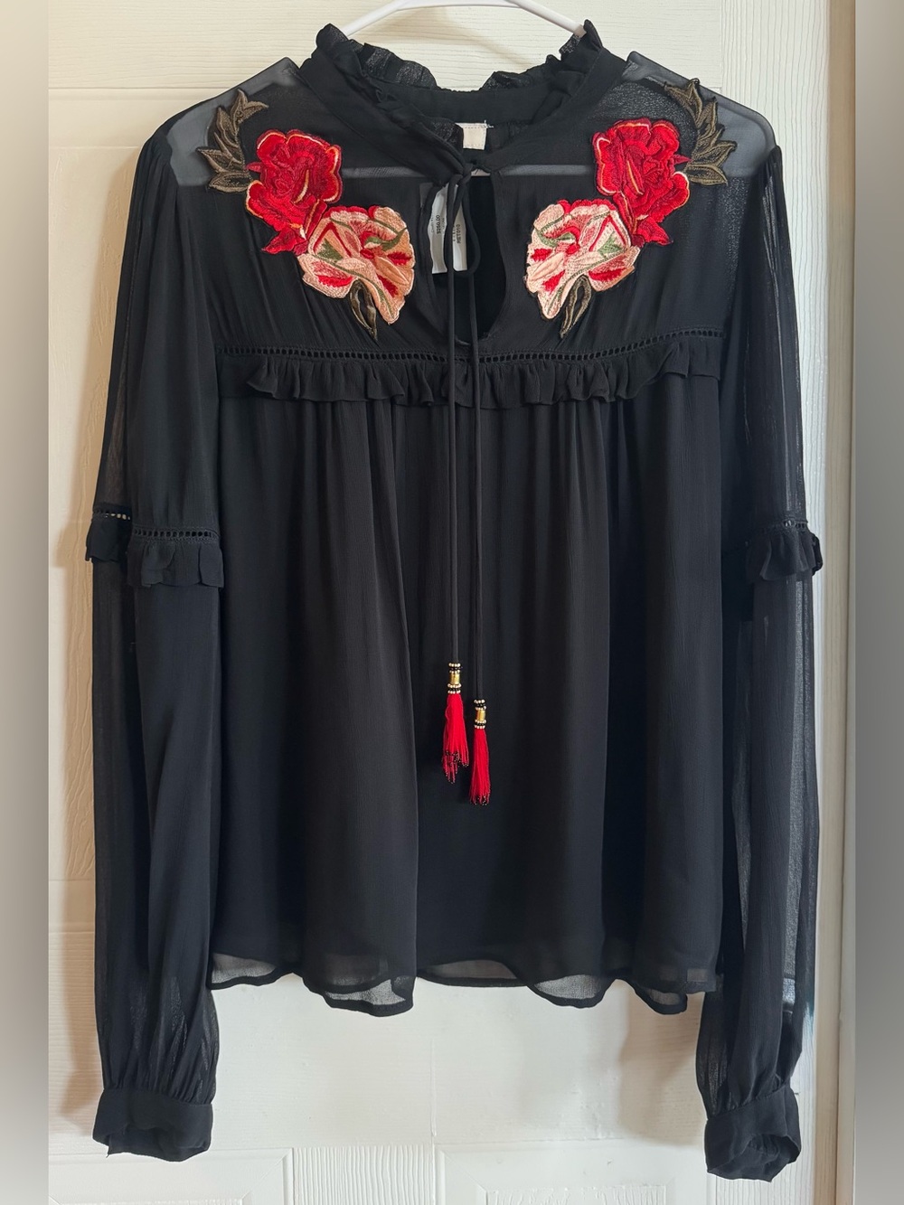 Derhy Black Sheer Chiffon Red Rose Floral Embroidered Boho Tassel Blouse L